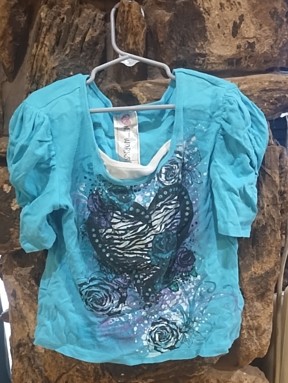 Knit works Heart Print Puff Sleeve Top - Turquoise